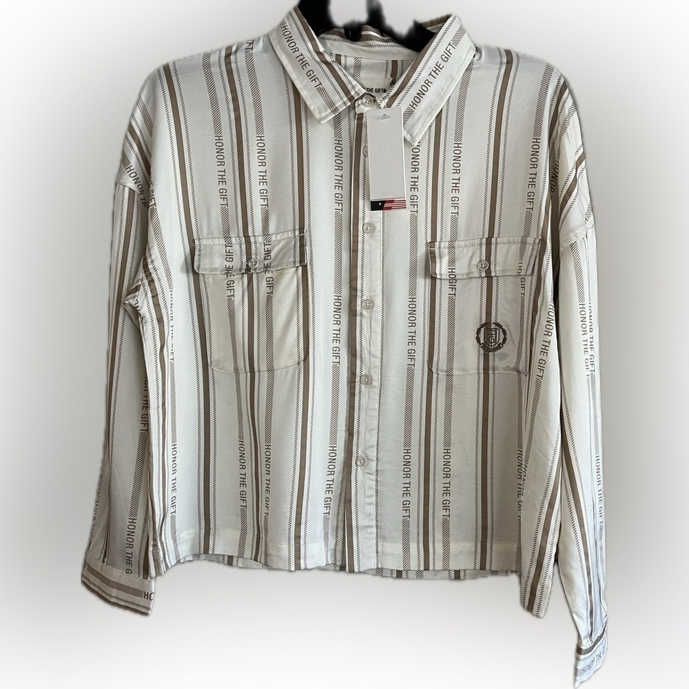 NWT Honor the Gift Honor Stripe Button Up Long Sleeve Uniform Shirt Bone Size 12